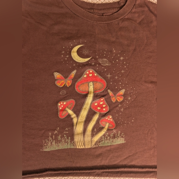 Whimsical Brown Crop Top with Mushroom and Butterfly Design - Picture 6 of 8